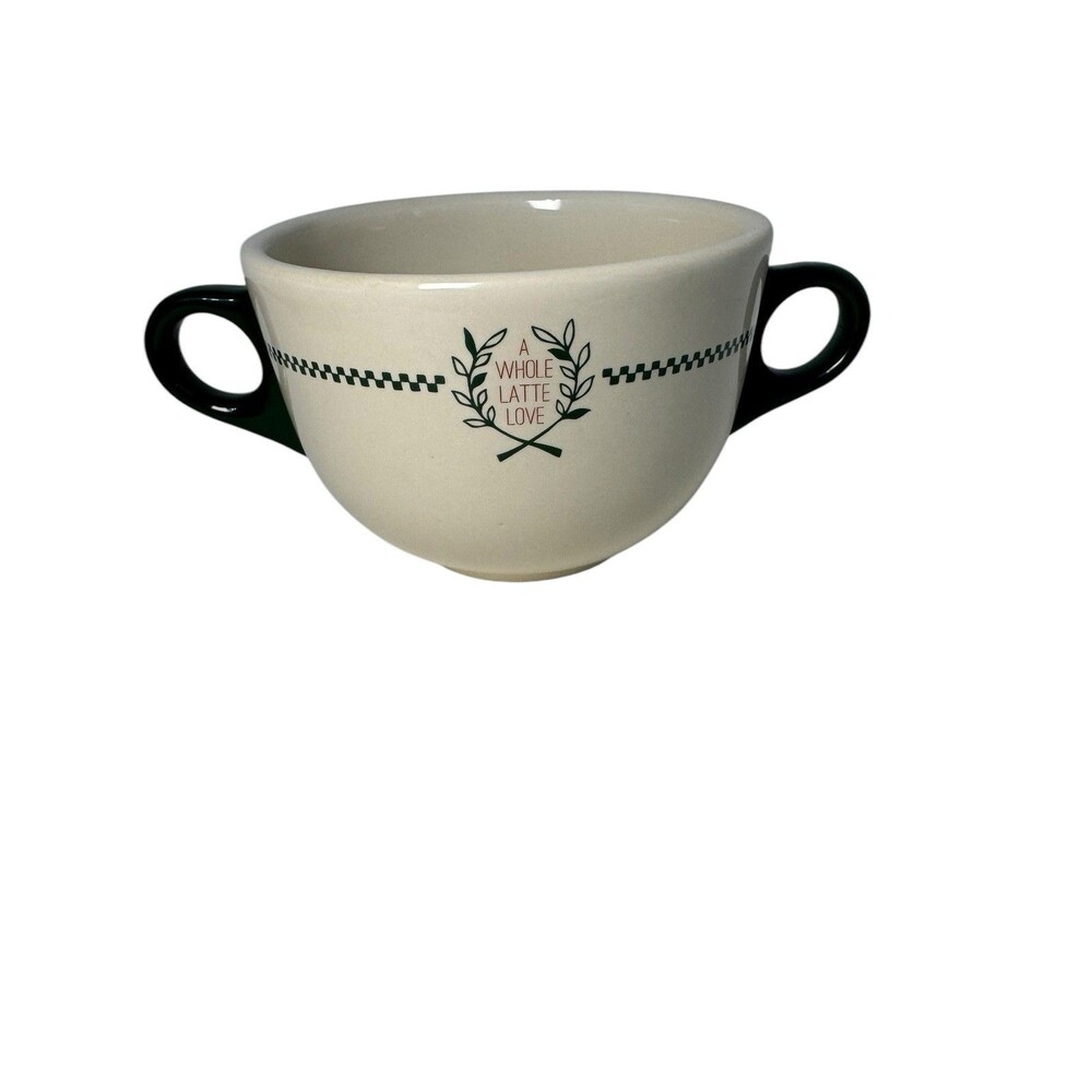 Fishs Eddy & West Elm Double Handle Mug Cup "A Whole Latte Love" Green Ivory